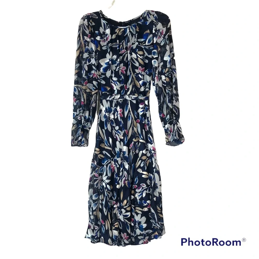 DKNY Floral Long Sheer Sleeve A Line Midi Modest Belted Dress 2 Navy - Picture 6 of 13